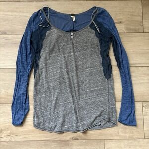 Womens We The Free Lace Button Boho V Neck Top Distressed Gray Blue S